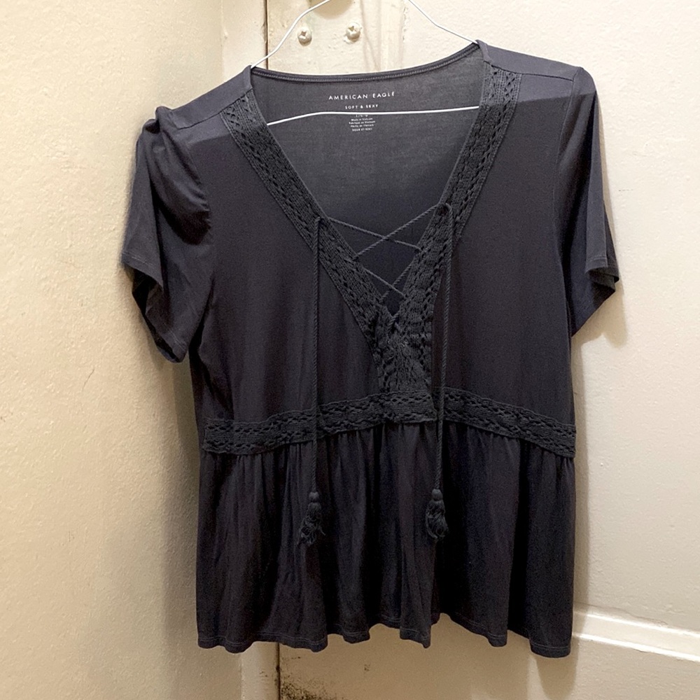 American Eagle Soft & Sexy peasant style embroidered lace - up Women’s top.
